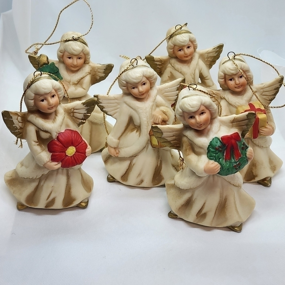 Vintage Homco Porcelain Angel Christmas Ornaments Set of 6 1970's Wreath Holiday